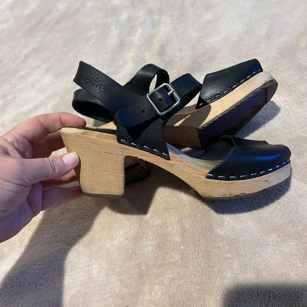 MIA x Free People Greta Swedish Black Leather Wooden Clogs Size 38 / 7 - Picture 2 of 11